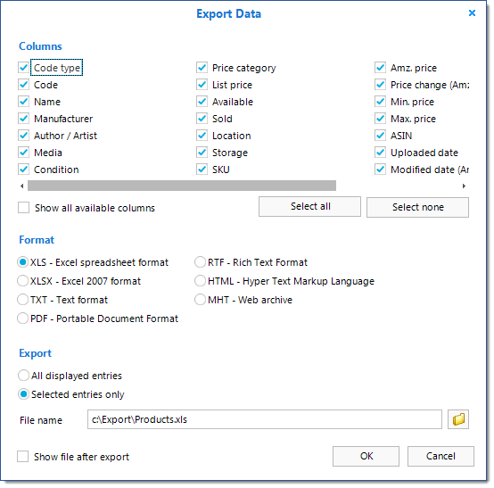 Export data dialog