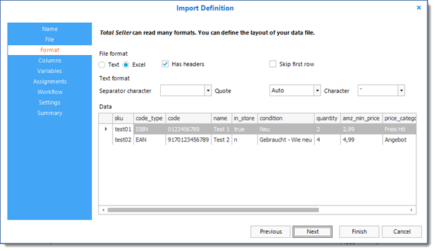 Specify import format