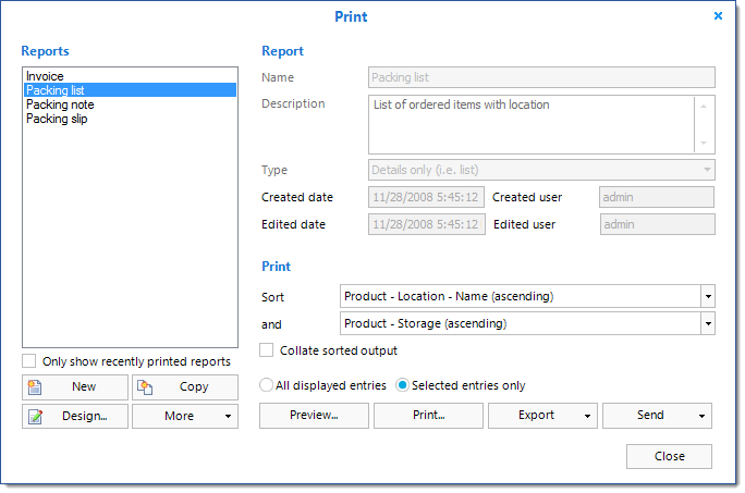 Print report dialog