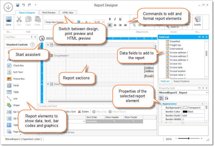 Report designer window