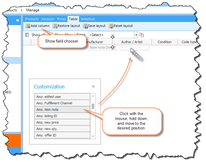 Column field selection